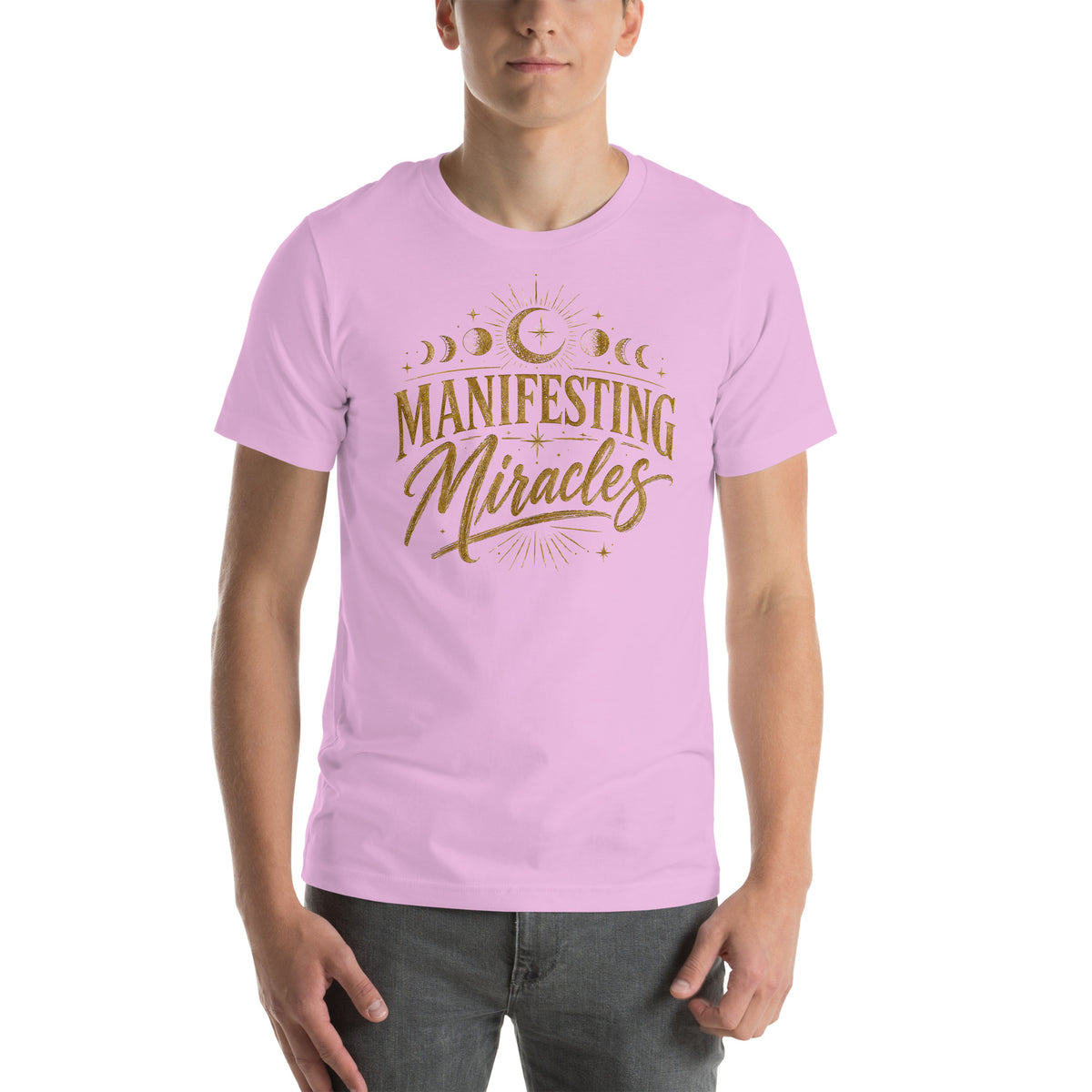 Manifesting Miracles design with moon phases in antique gold, on a lilac unisex t-shirt, front view
