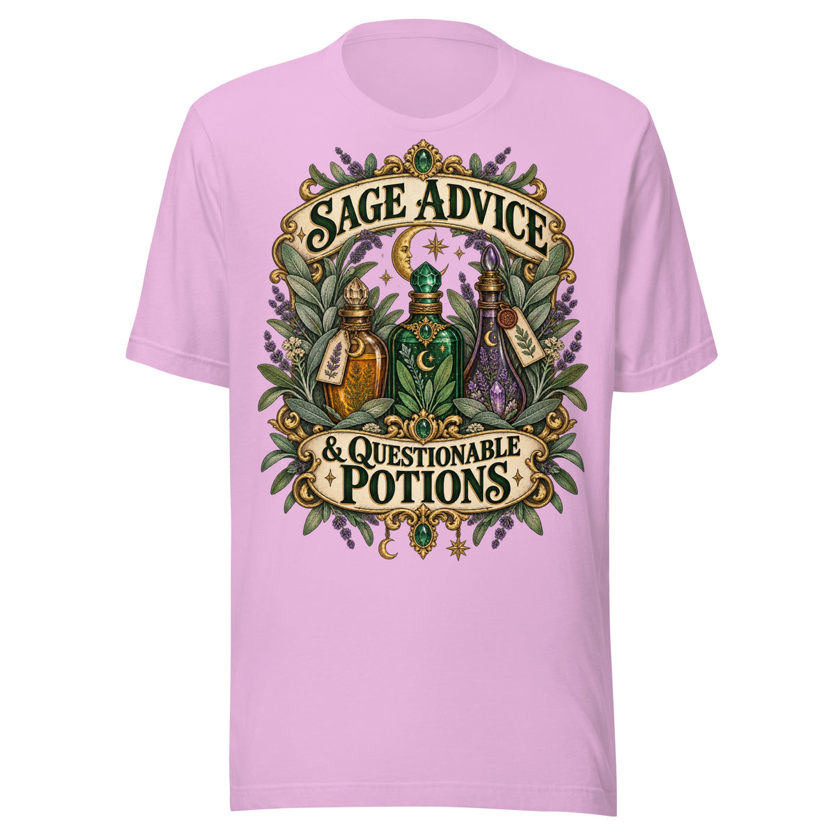 Sage Advice and Questionable Potions design, three apothecary bottles among lavender and sage with gold banners above and below, on a lilac unisex t-shirt, front view