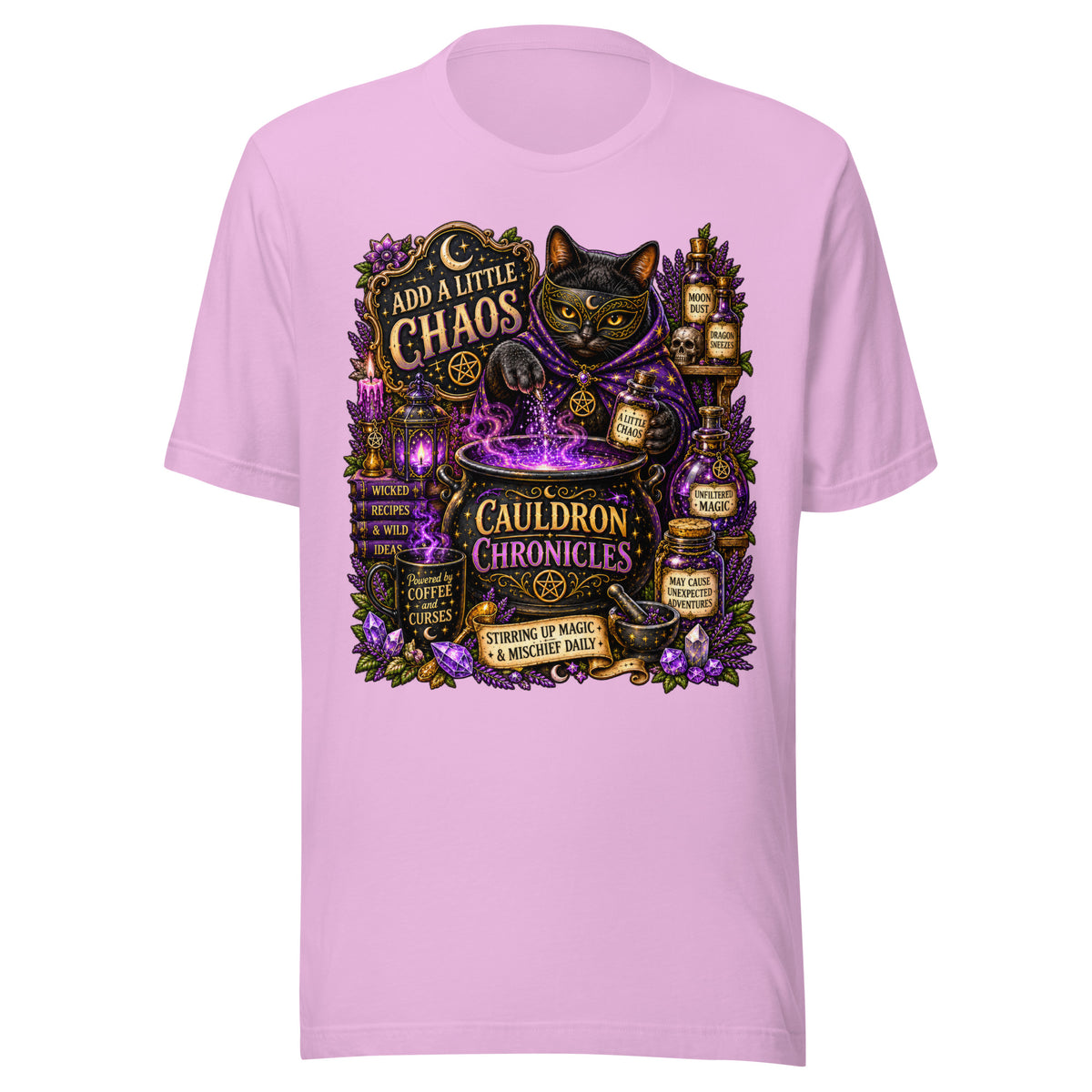 Add A Little Chaos design, a masked black cat stirring a bubbling purple cauldron, on a lilac unisex t-shirt, front view