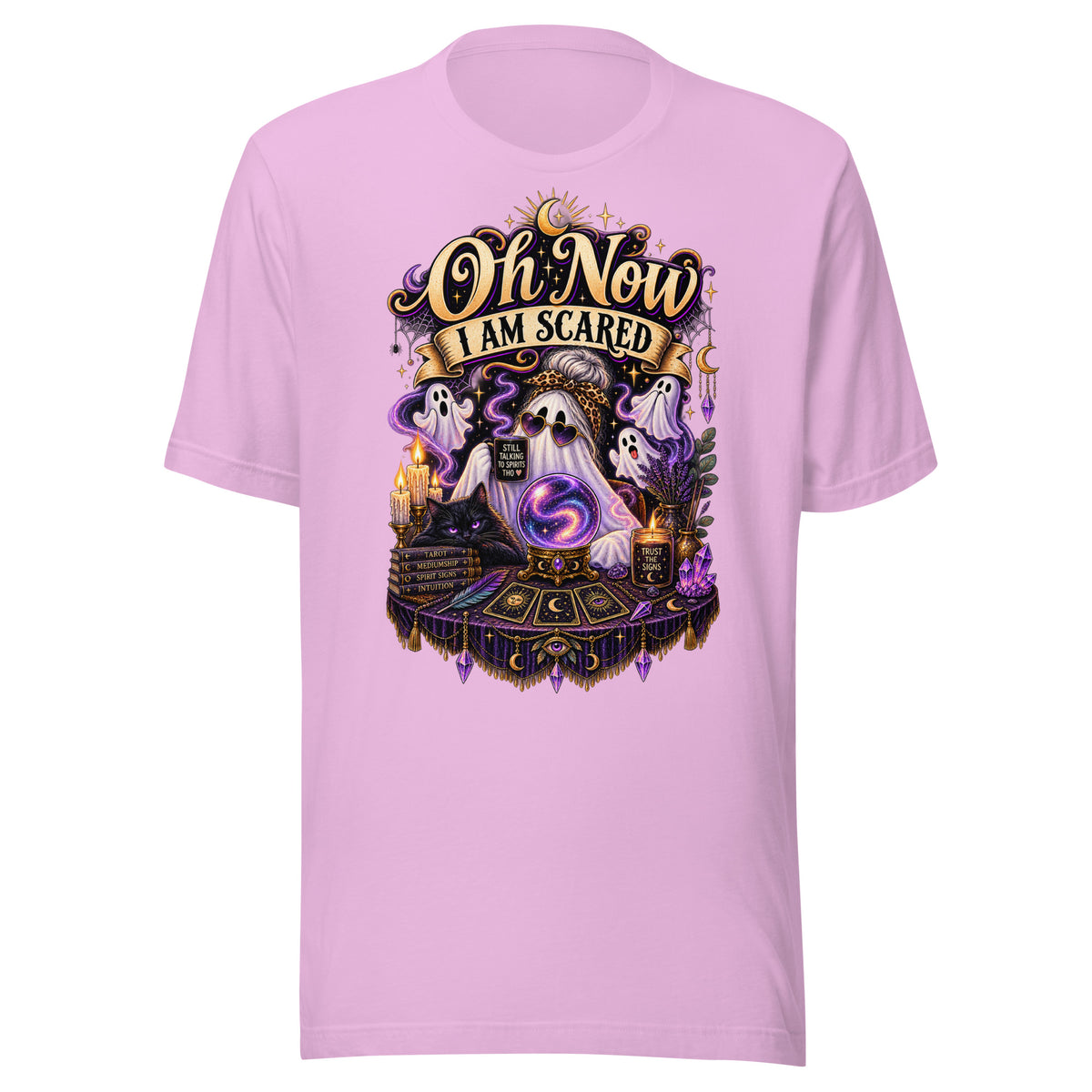 Oh Now I Am Scared design, a ghost in heart sunglasses reading a crystal ball with tarot cards, on a lilac unisex t-shirt, front view