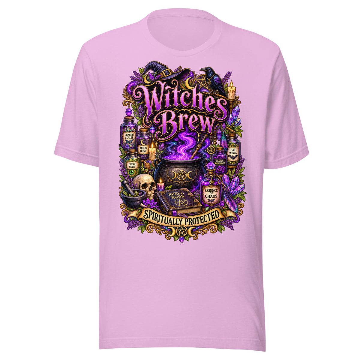 Witches Brew Spiritually Protected design, a bubbling cauldron with potion jars, on a lilac unisex t-shirt, front view