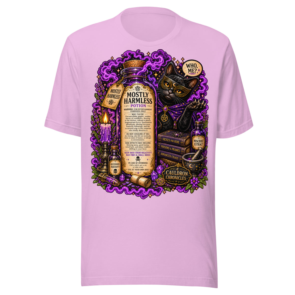 Mostly Harmless design, a potion bottle and a masked black cat, on a lilac unisex t-shirt, front view