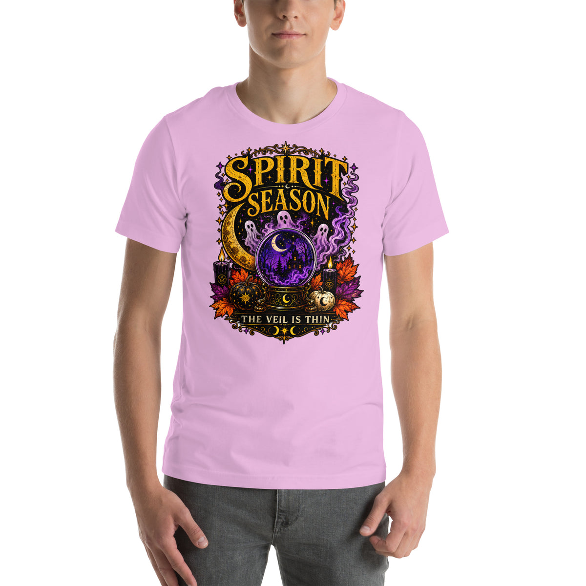 Spirit Season The Veil Is Thin design, three ghosts around a crystal ball, on a lilac unisex t-shirt, front view