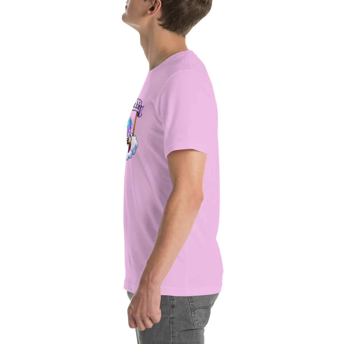 Psychic Is In design, playful floating clouds beneath a banner that reads Psychic Is Open for Business, on a lilac unisex t-shirt, left side view