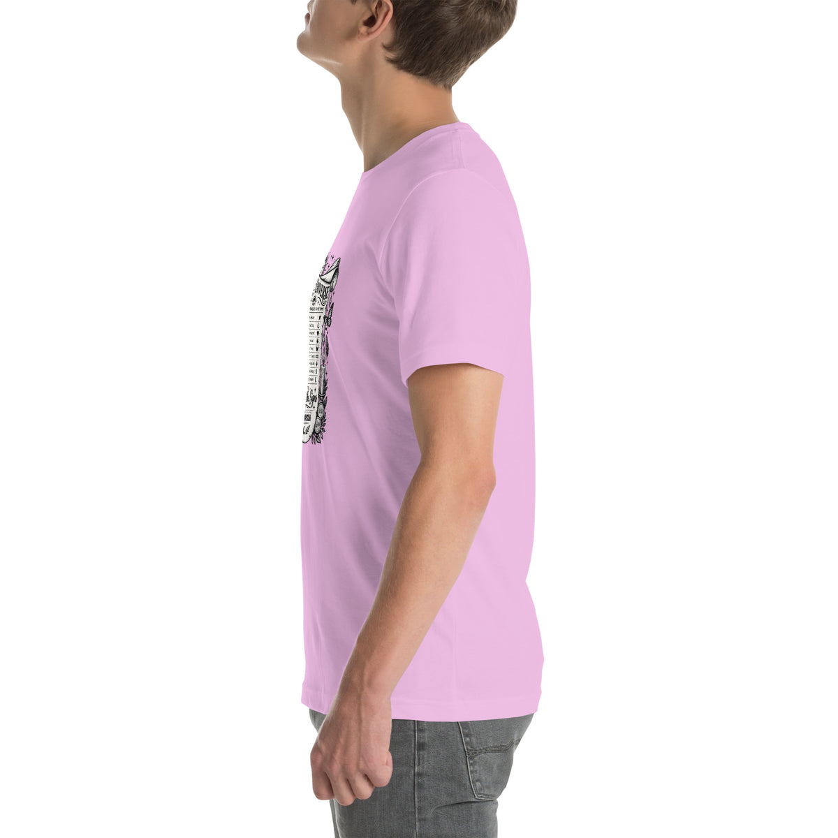 Trust the Signs design, a receipt from the Universe listing the angel numbers and their meanings, with a crystal ball and a candle, on a lilac unisex t-shirt, left side view