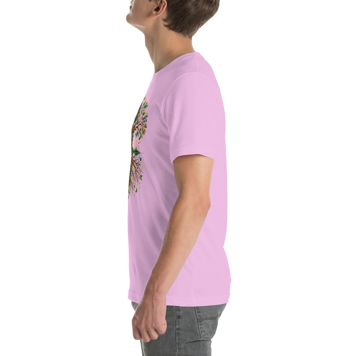 Grounded in Divine Energy design, on a lilac unisex t-shirt, left side view