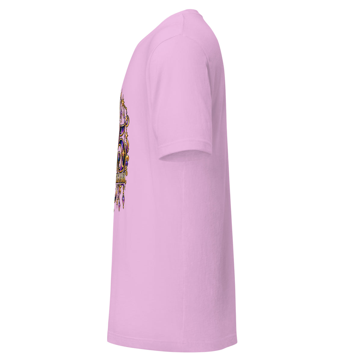 555 Becoming Is The Magic angel number design, a full moon between two crescents, hung with gold chains and amethyst drops, on a lilac unisex t-shirt, left side view