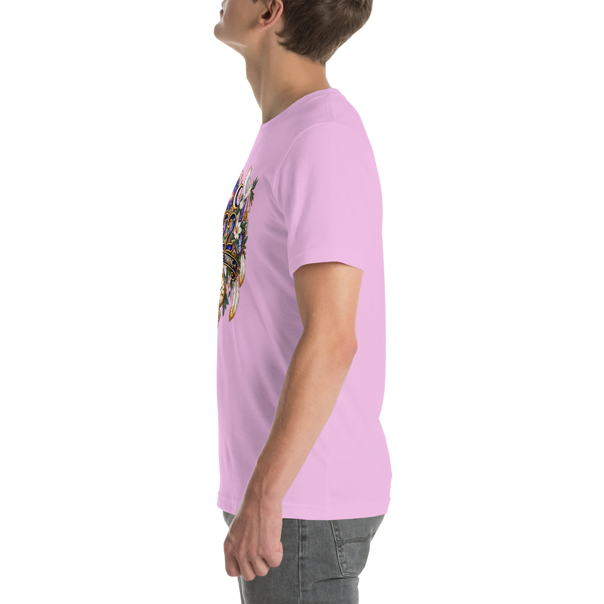 222 Trust The Timing angel number design, two white doves with olive branches, a gold pocket watch and white feathers, on a lilac unisex t-shirt, left side view