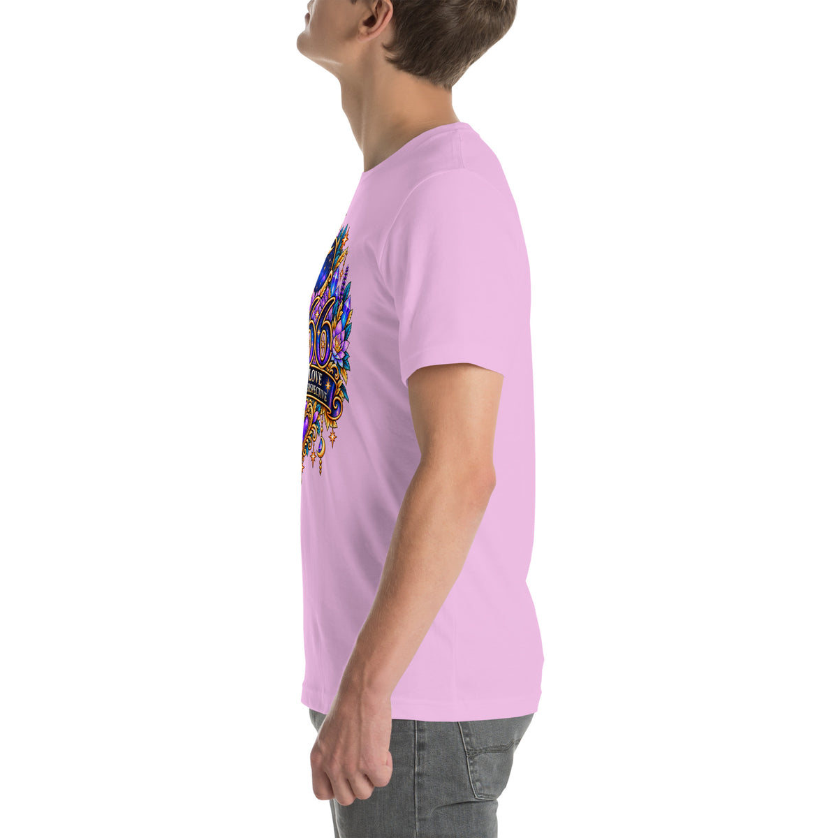 666 More Love angel number design, a crescent moon over a starry orb, with purple lotus flowers and blue crystals, on a lilac unisex t-shirt, left side view