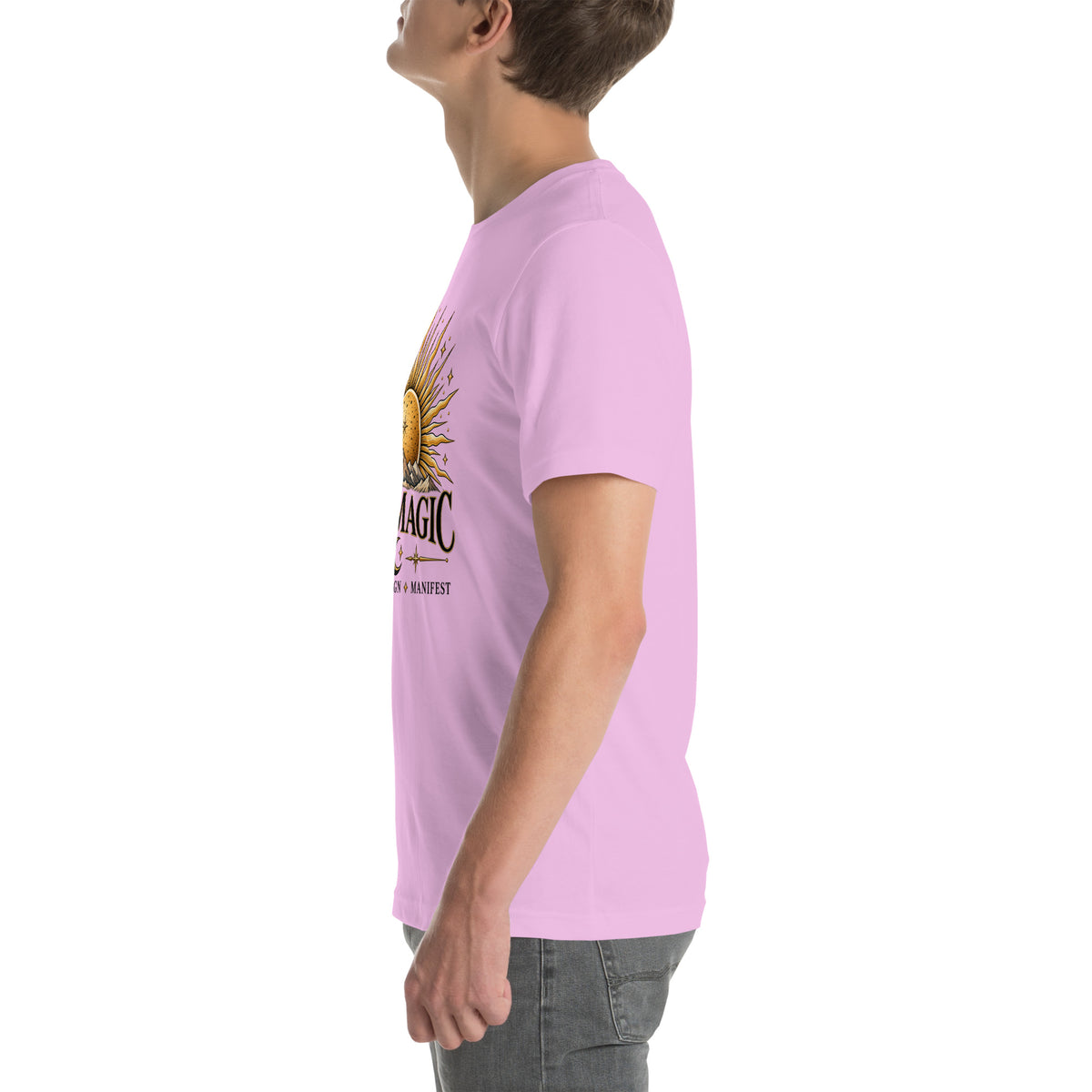 I Am Magic design with a gold sun face, Be Magical collection, on a lilac unisex t-shirt, left side view