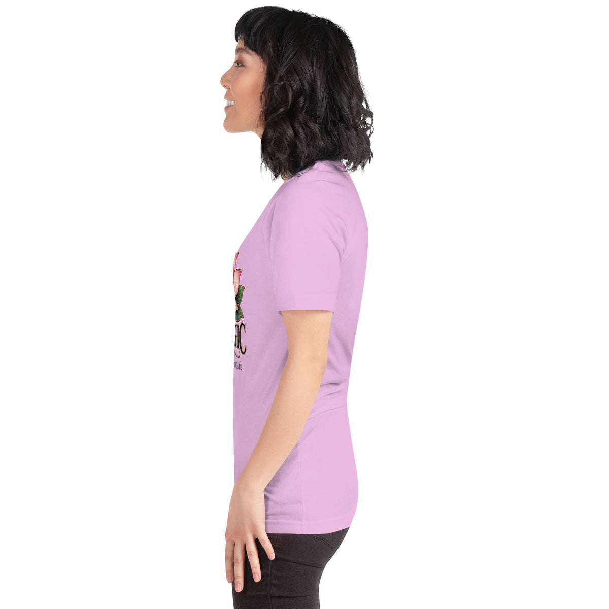 I Am Magic design with a gold lotus, Be Magical collection, on a lilac unisex t-shirt, left side view