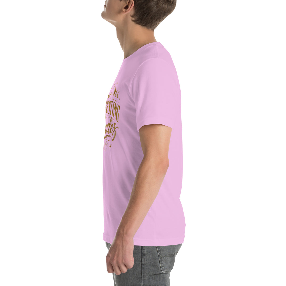 Manifesting Miracles design with moon phases in antique gold, on a lilac unisex t-shirt, left side view
