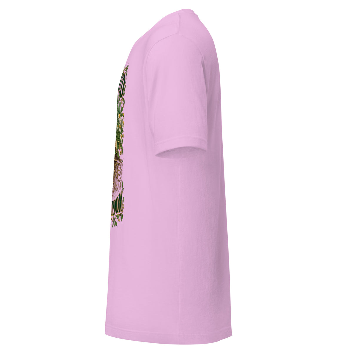 Rooted in Old Wisdom design, lavender, sage and chamomile growing above an exposed root system, on a lilac unisex t-shirt, left side view