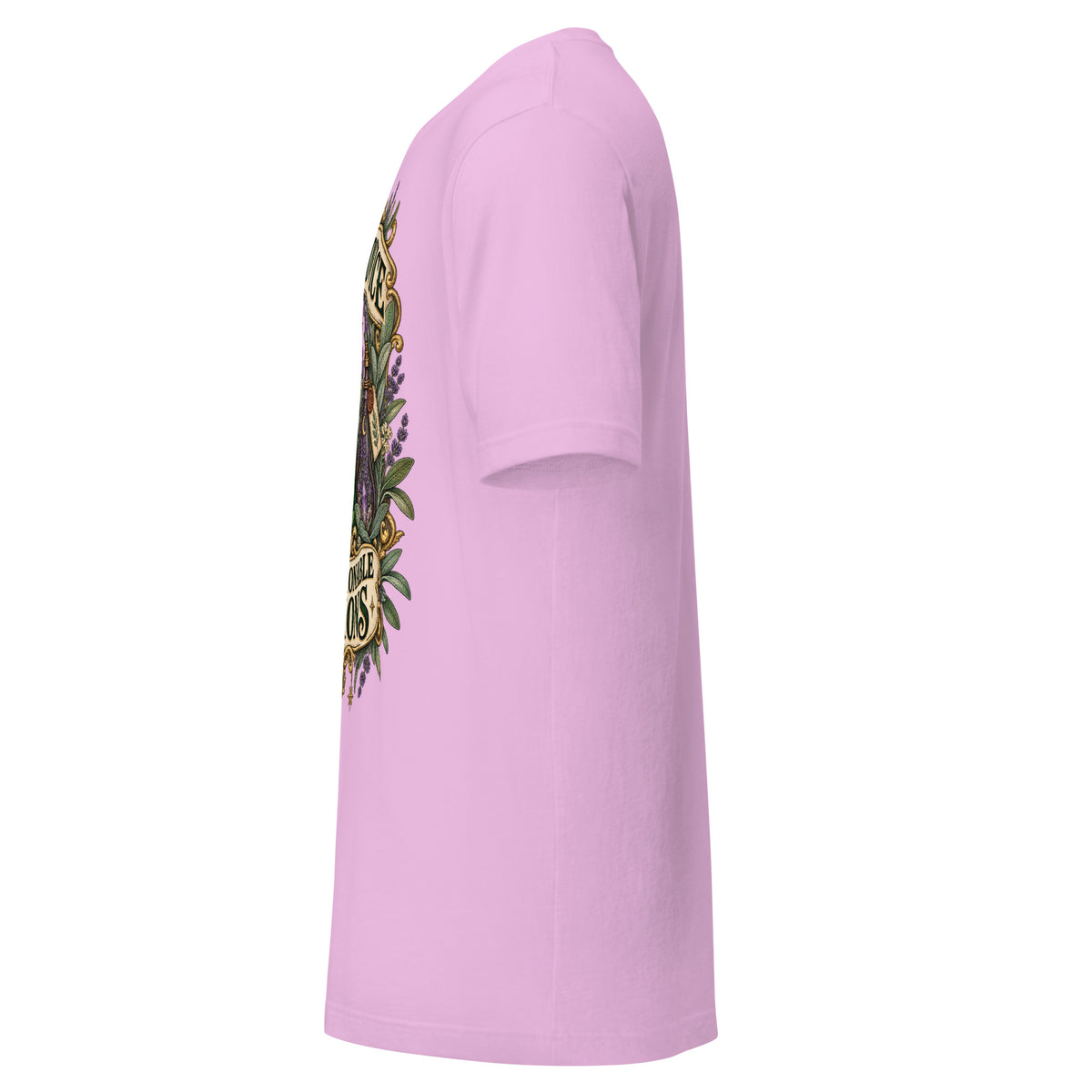 Sage Advice and Questionable Potions design, three apothecary bottles among lavender and sage, on a lilac unisex t-shirt, left side view