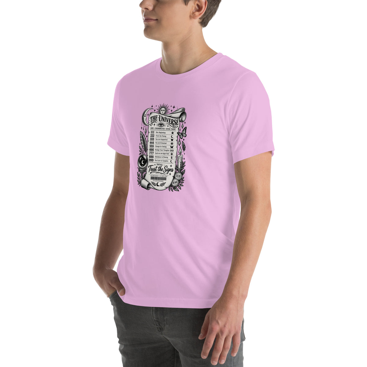 Trust the Signs design, a receipt from the Universe listing the angel numbers and their meanings, with a crystal ball and a candle, on a lilac unisex t-shirt, left front view