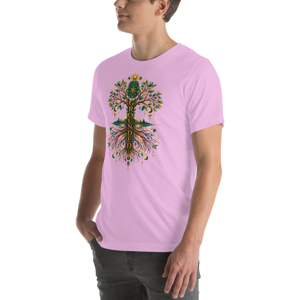 Grounded in Divine Energy design, on a lilac unisex t-shirt, angled left front view