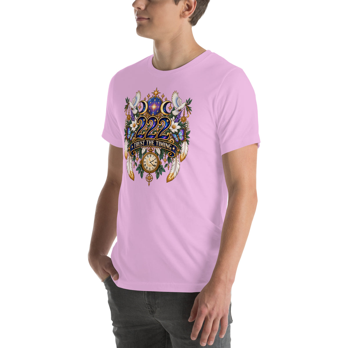 222 Trust The Timing angel number design, two white doves with olive branches, a gold pocket watch and white feathers, on a lilac unisex t-shirt, left front view