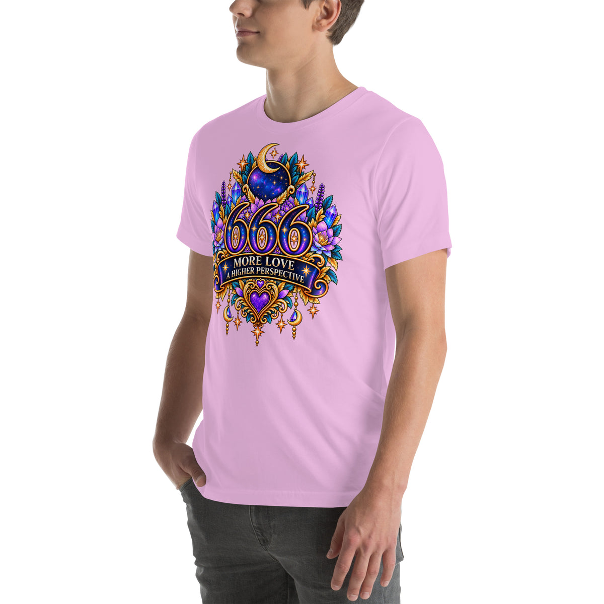 666 More Love angel number design, a crescent moon over a starry orb, with purple lotus flowers and blue crystals, on a lilac unisex t-shirt, left front view