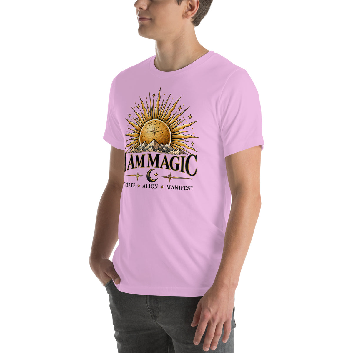 I Am Magic design with a gold sun face, Be Magical collection, on a lilac unisex t-shirt, angled left front view