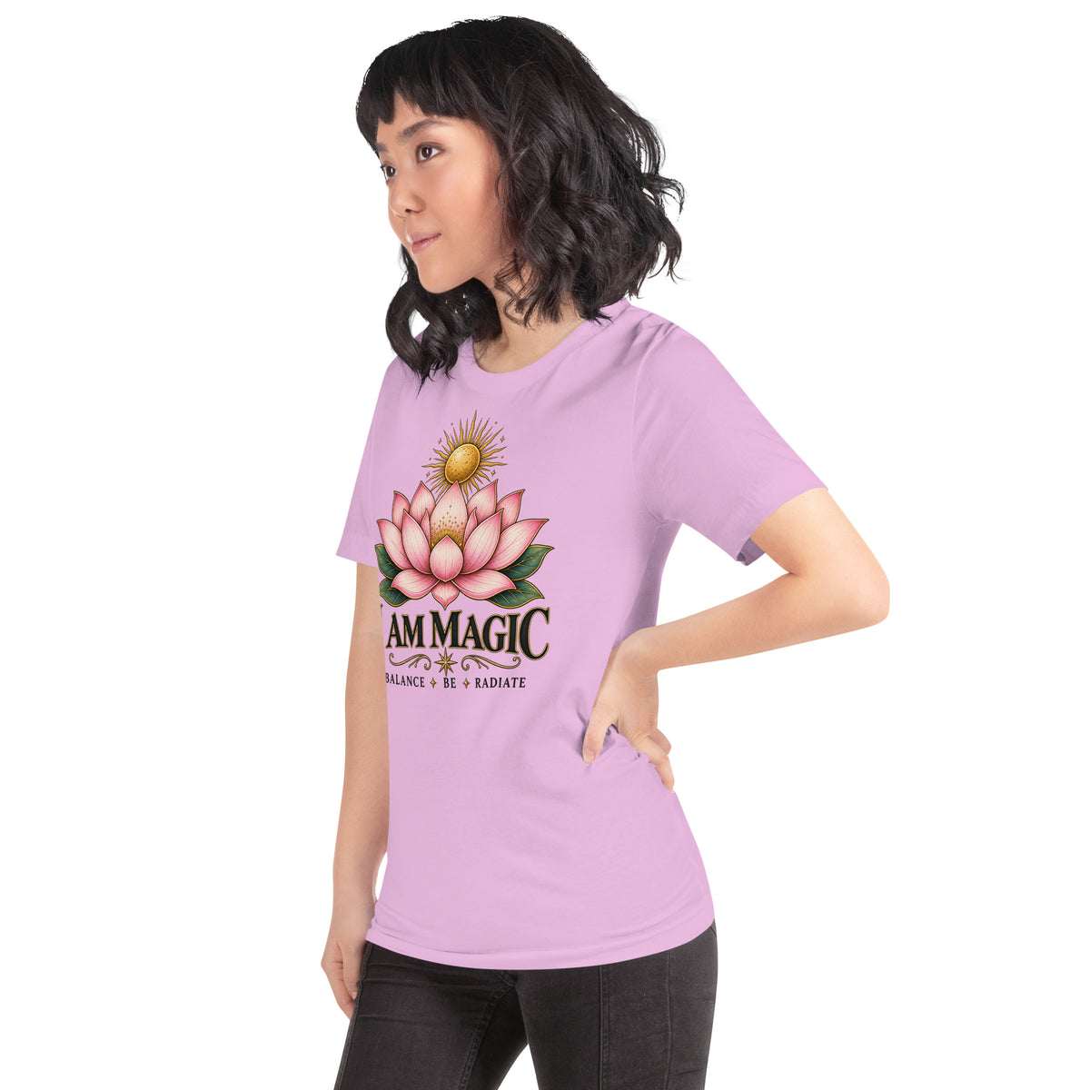 I Am Magic design with a gold lotus, Be Magical collection, on a lilac unisex t-shirt, angled left front view