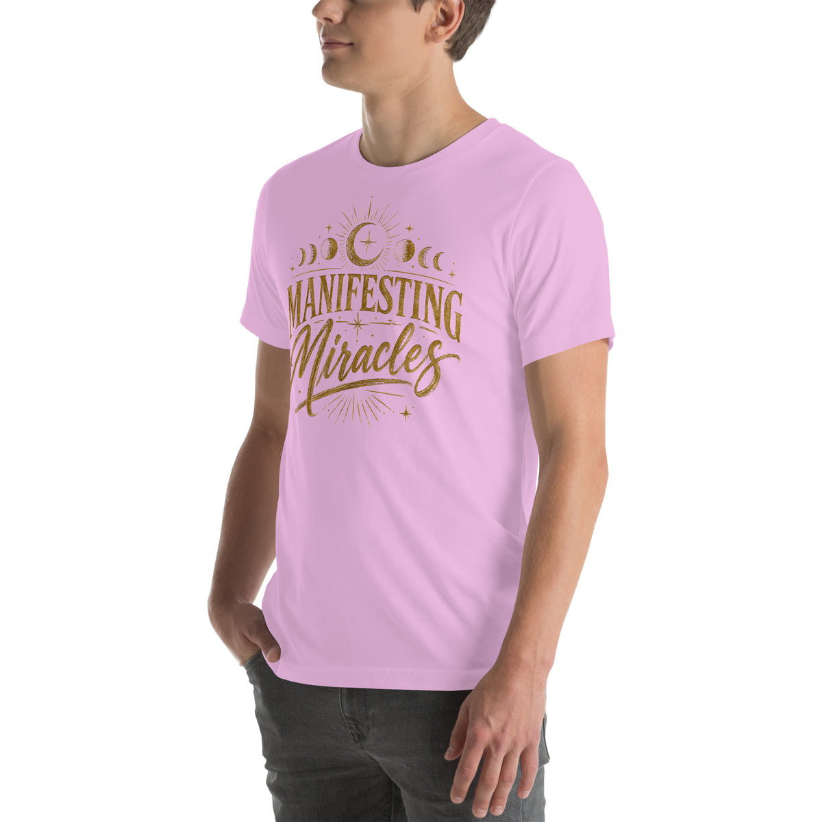 Manifesting Miracles design with moon phases in antique gold, on a lilac unisex t-shirt, angled left front view