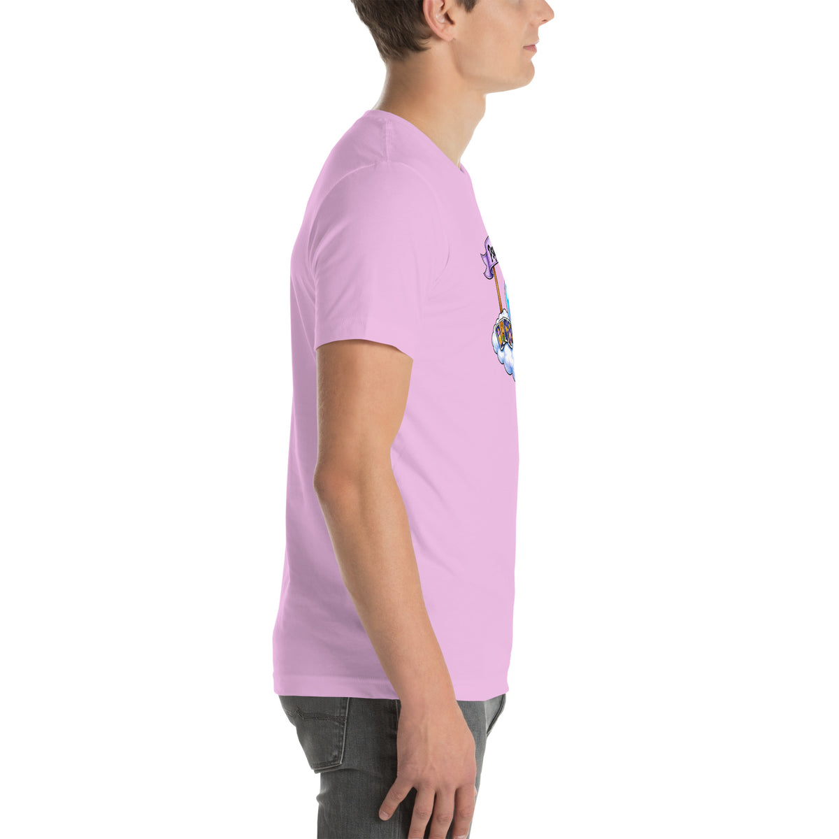 Psychic Is In design, playful floating clouds beneath a banner that reads Psychic Is Open for Business, on a lilac unisex t-shirt, right side view