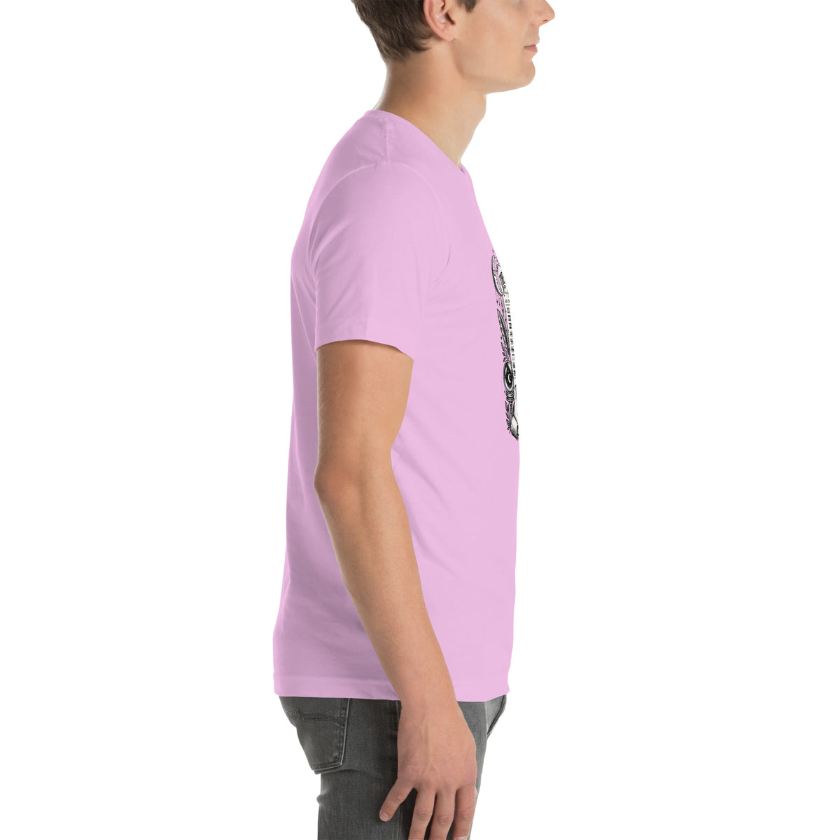 Trust the Signs design, a receipt from the Universe listing the angel numbers and their meanings, with a crystal ball and a candle, on a lilac unisex t-shirt, right side view