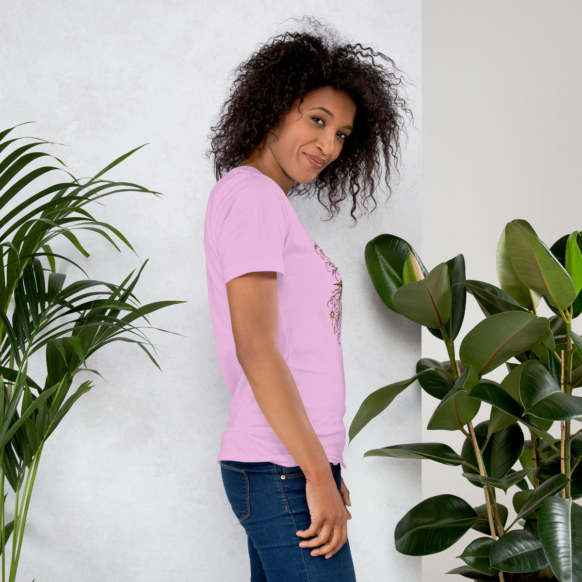Own Your Grounded Energy design, an ornate tree with gold leaves and crystals in its roots, on a lilac unisex t-shirt, right side view