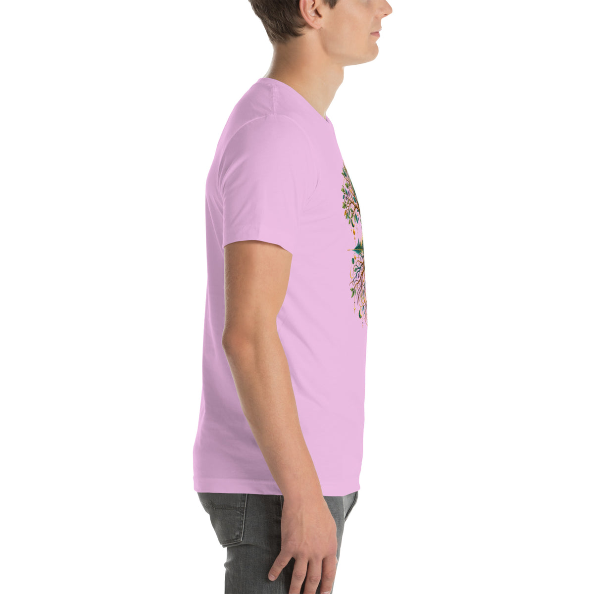 Grounded in Divine Energy design, on a lilac unisex t-shirt, right side view