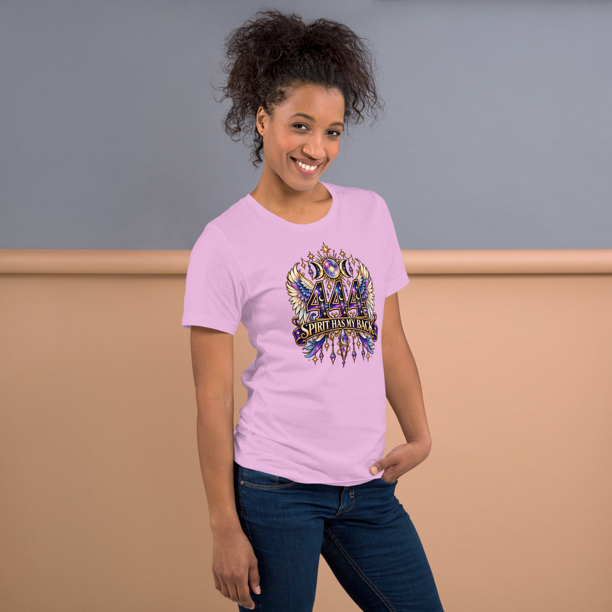 444 Spirit Has My Back angel number design, angel wings flanking the number beneath a galaxy orb and crescent moons, on a lilac unisex t-shirt, right side view
