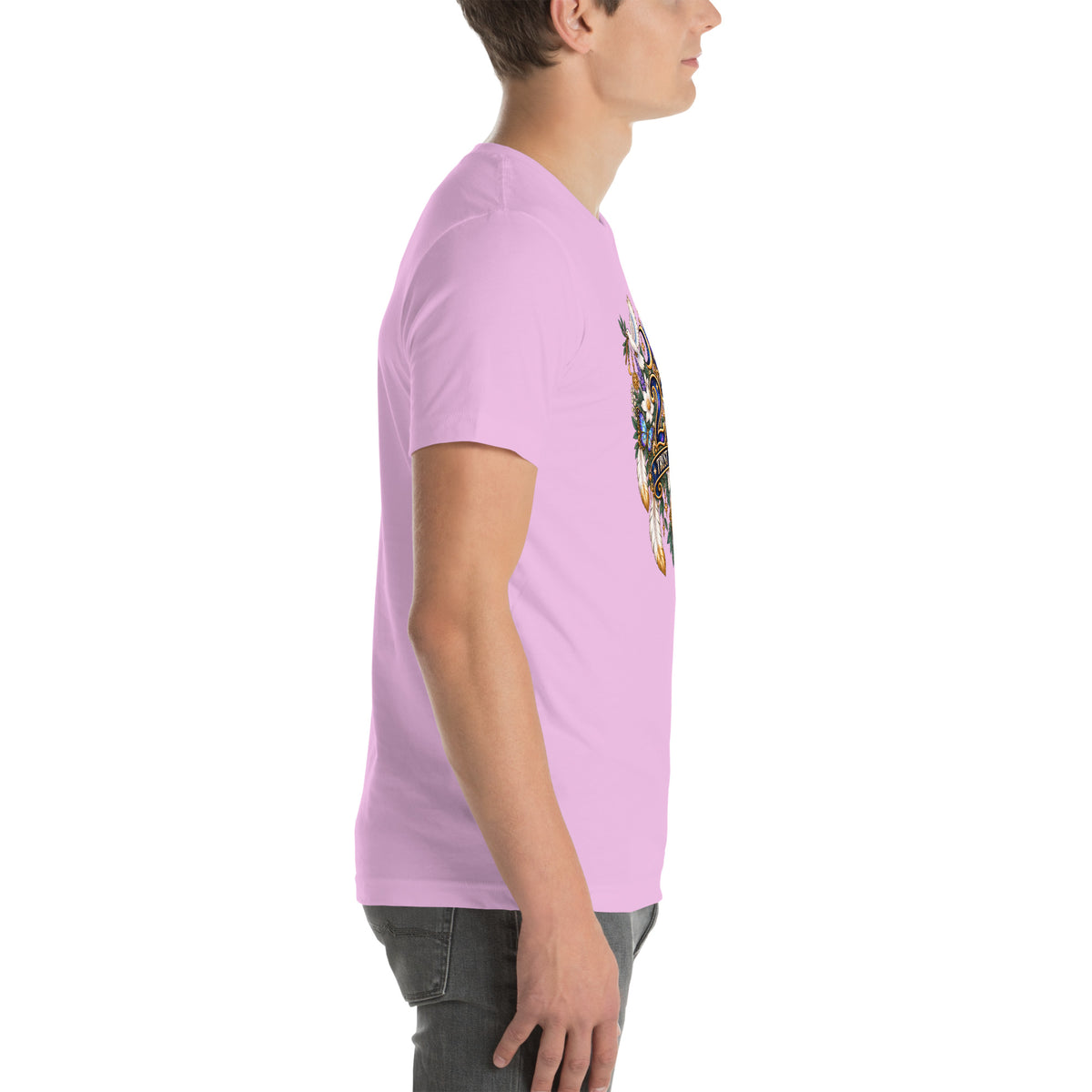 222 Trust The Timing angel number design, two white doves with olive branches, a gold pocket watch and white feathers, on a lilac unisex t-shirt, right side view