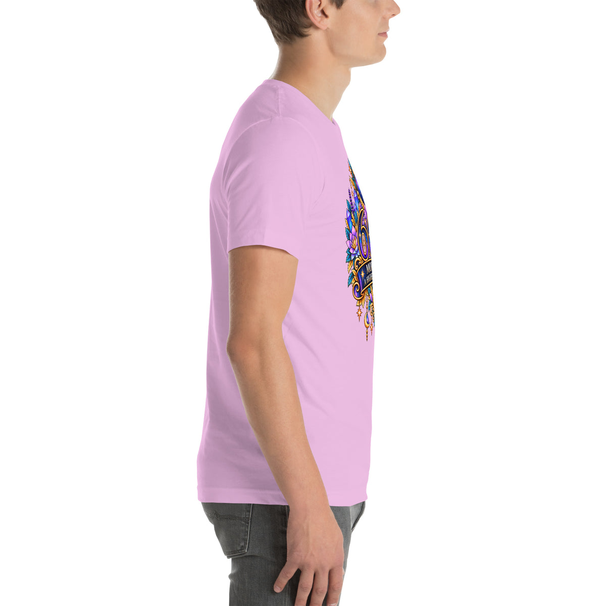 666 More Love angel number design, a crescent moon over a starry orb, with purple lotus flowers and blue crystals, on a lilac unisex t-shirt, right side view