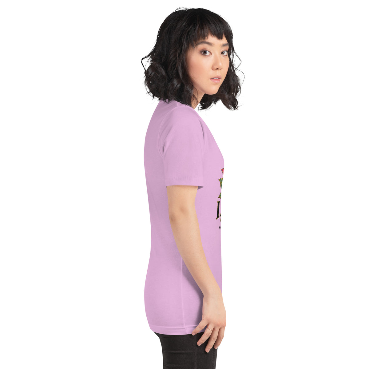 I Am Magic design with a gold lotus, Be Magical collection, on a lilac unisex t-shirt, right side view