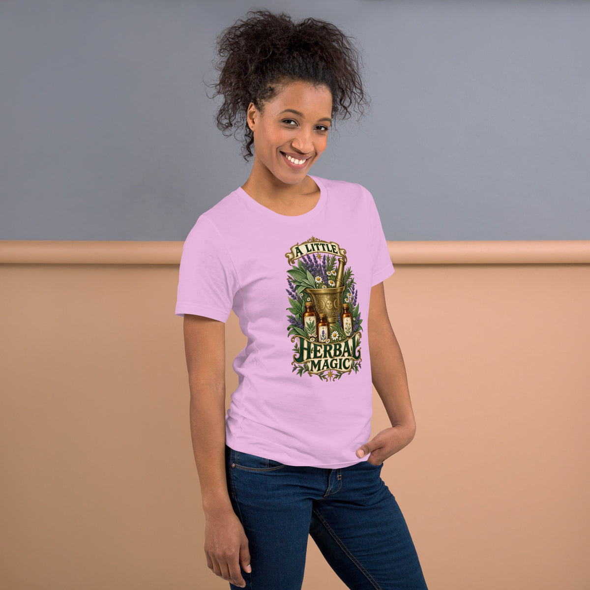 A Little Herbal Magic design, a gold mortar and pestle filled with lavender and chamomile, on a lilac unisex t-shirt, right side view