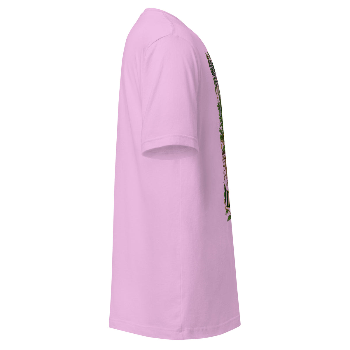 Rooted in Old Wisdom design, lavender, sage and chamomile growing above an exposed root system, on a lilac unisex t-shirt, right side view