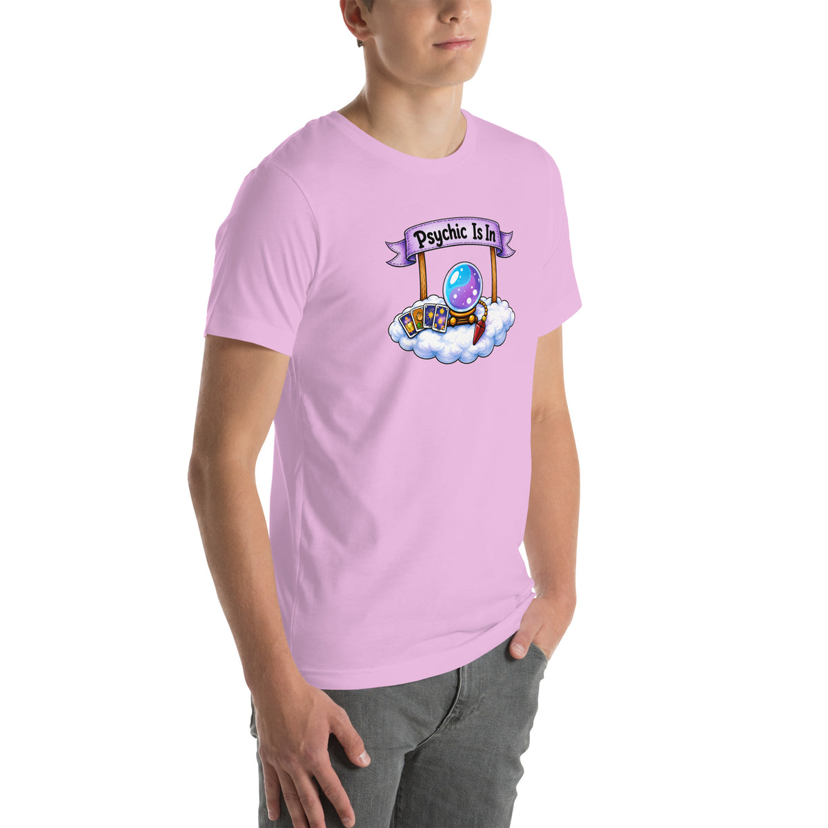 Psychic Is In design, playful floating clouds beneath a banner that reads Psychic Is Open for Business, on a lilac unisex t-shirt, angled right front view