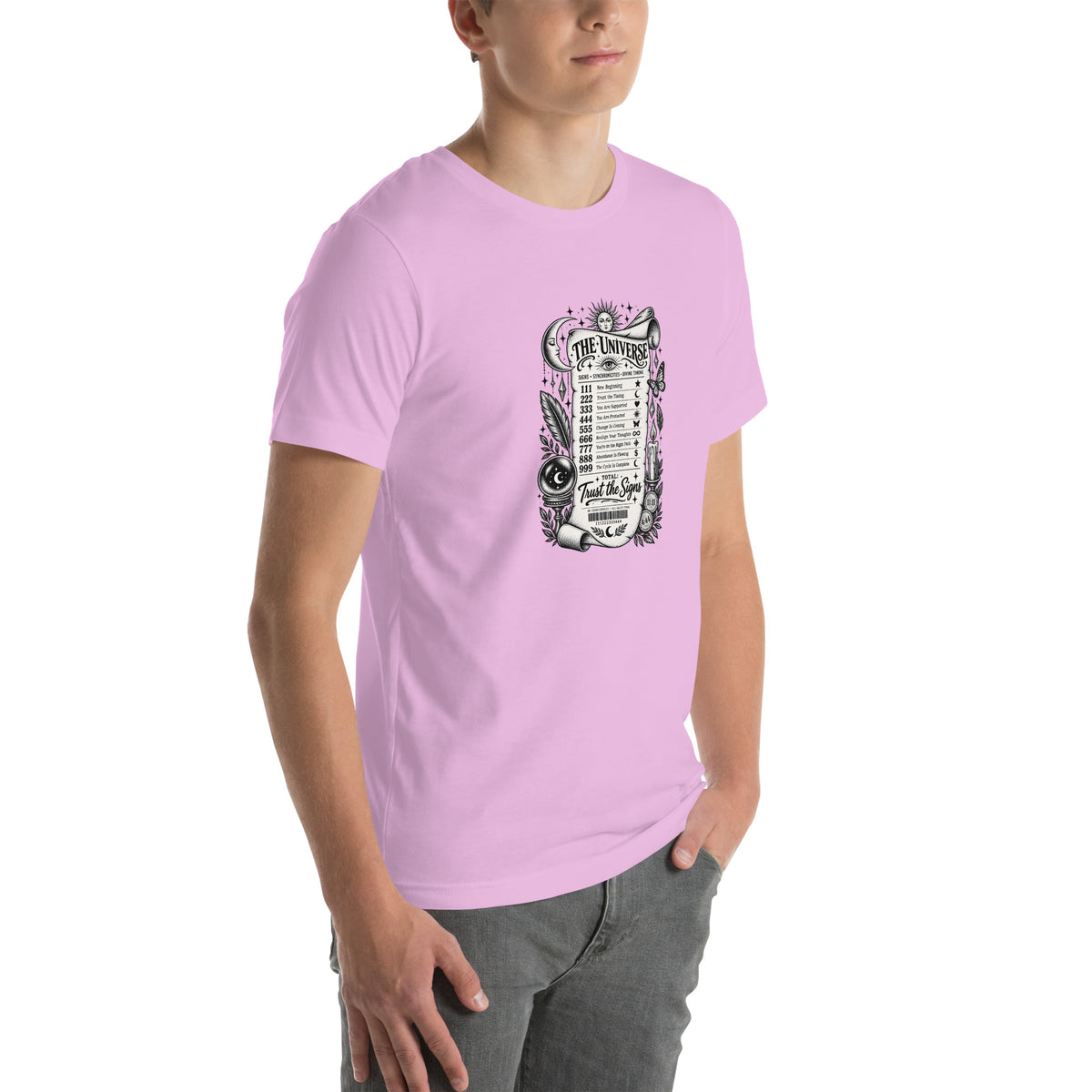 Trust the Signs design, a receipt from the Universe listing the angel numbers and their meanings, with a crystal ball and a candle, on a lilac unisex t-shirt, right front view