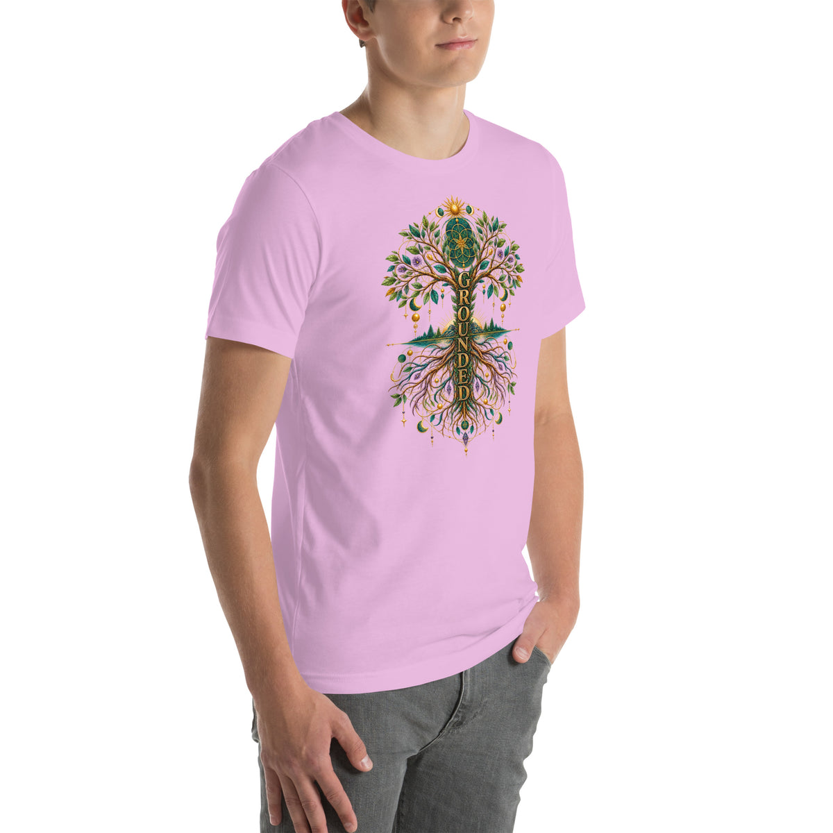 Grounded in Divine Energy design, on a lilac unisex t-shirt, angled right front view
