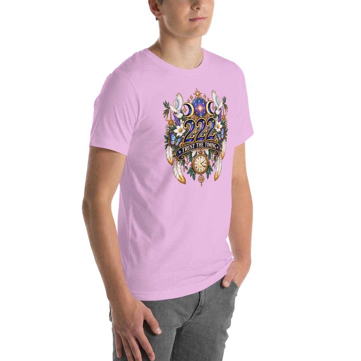222 Trust The Timing angel number design, two white doves with olive branches, a gold pocket watch and white feathers, on a lilac unisex t-shirt, right front view