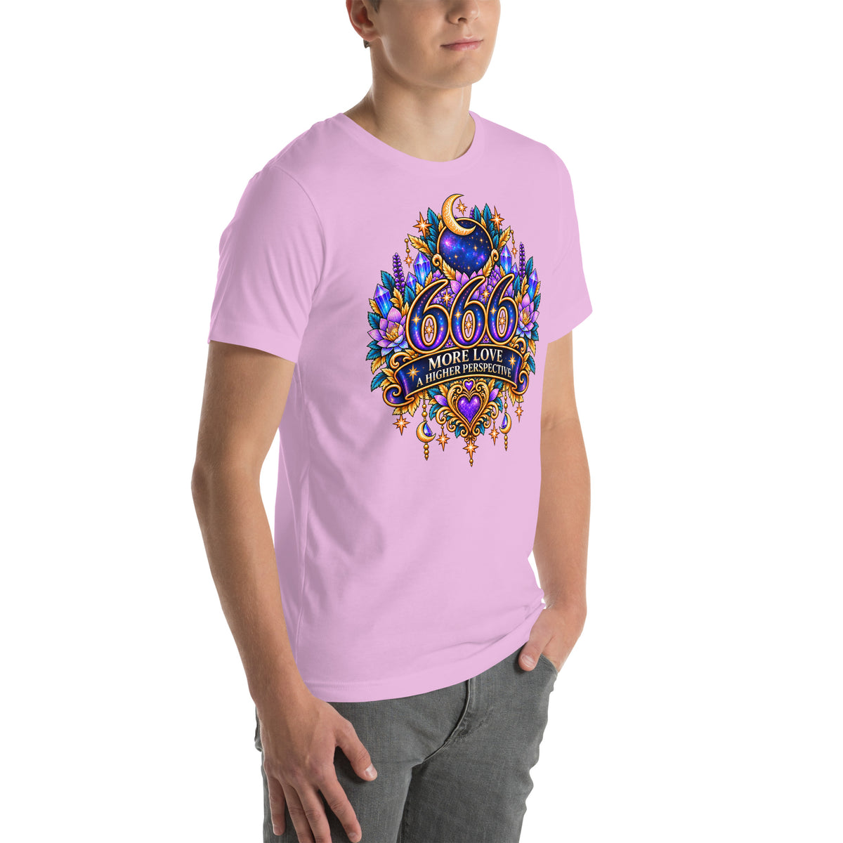 666 More Love angel number design, a crescent moon over a starry orb, with purple lotus flowers and blue crystals, on a lilac unisex t-shirt, right front view