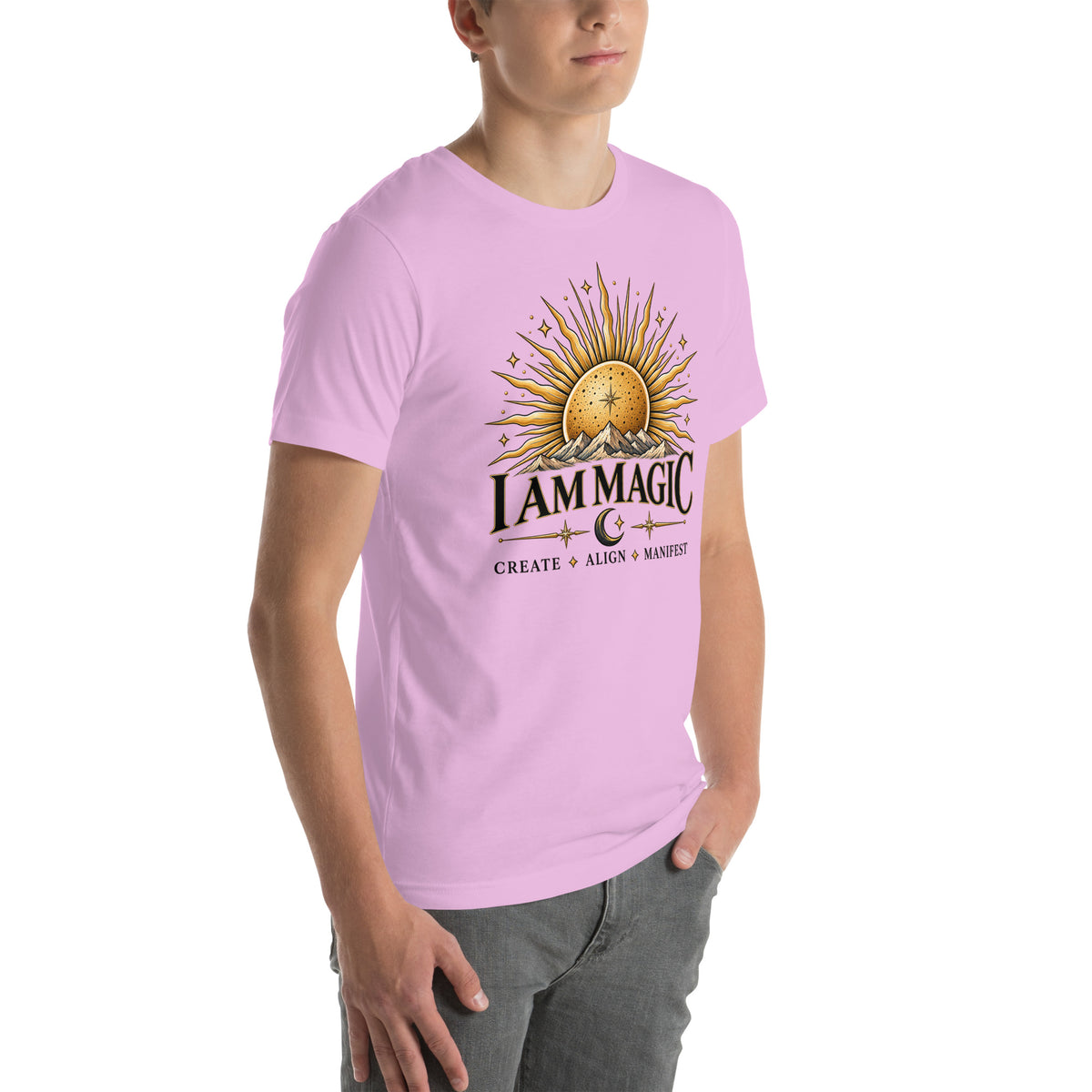 I Am Magic design with a gold sun face, Be Magical collection, on a lilac unisex t-shirt, angled right front view