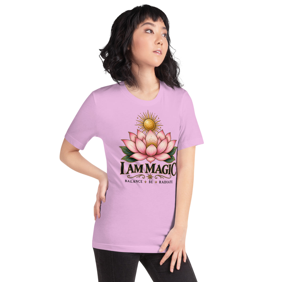 I Am Magic design with a gold lotus, Be Magical collection, on a lilac unisex t-shirt, angled right front view