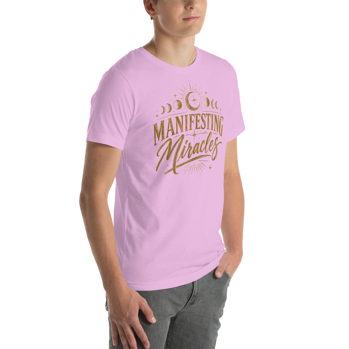 Manifesting Miracles design with moon phases in antique gold, on a lilac unisex t-shirt, angled right front view