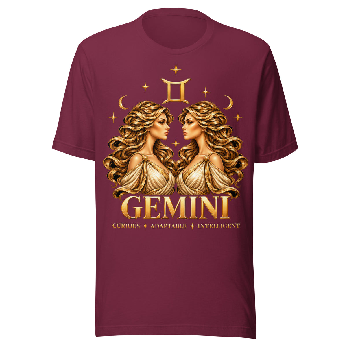 Gemini zodiac t-shirt in maroon, front: golden twins face to face in a night sky of gold stars