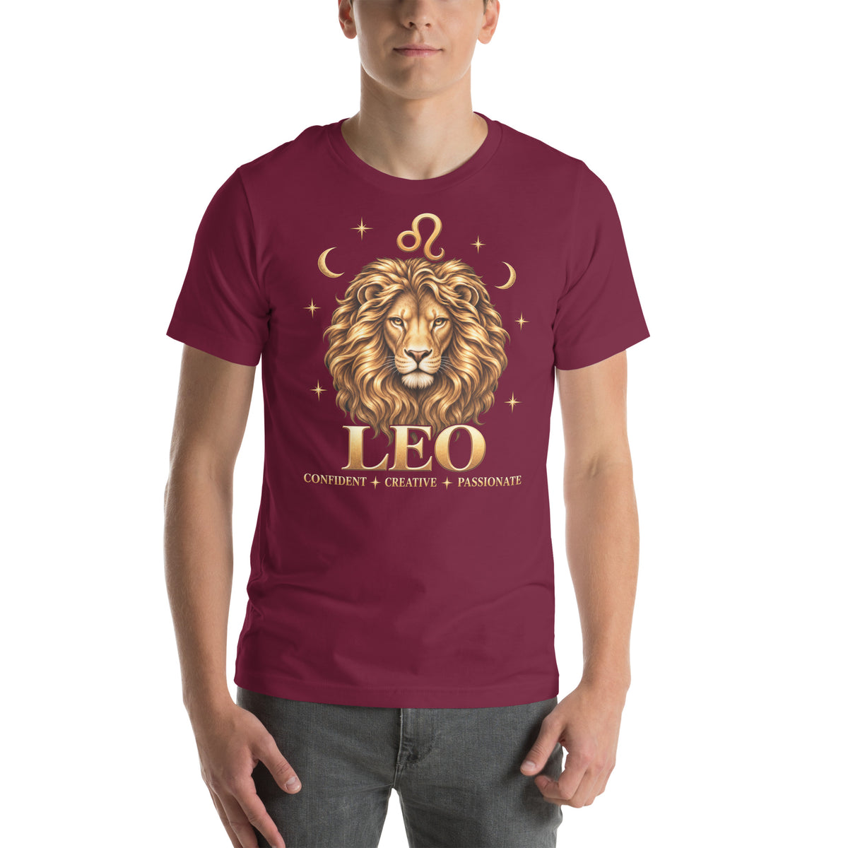 Leo zodiac t-shirt in maroon, front: a golden lion with a full flowing mane in a night sky of gold stars