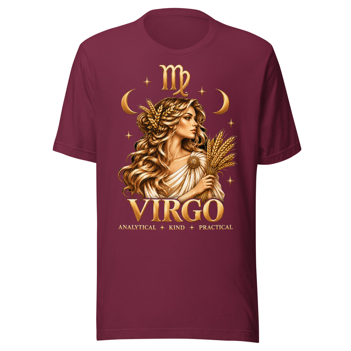 Virgo zodiac t-shirt in maroon, front: a golden maiden holding a sheaf of wheat in a night sky of gold stars