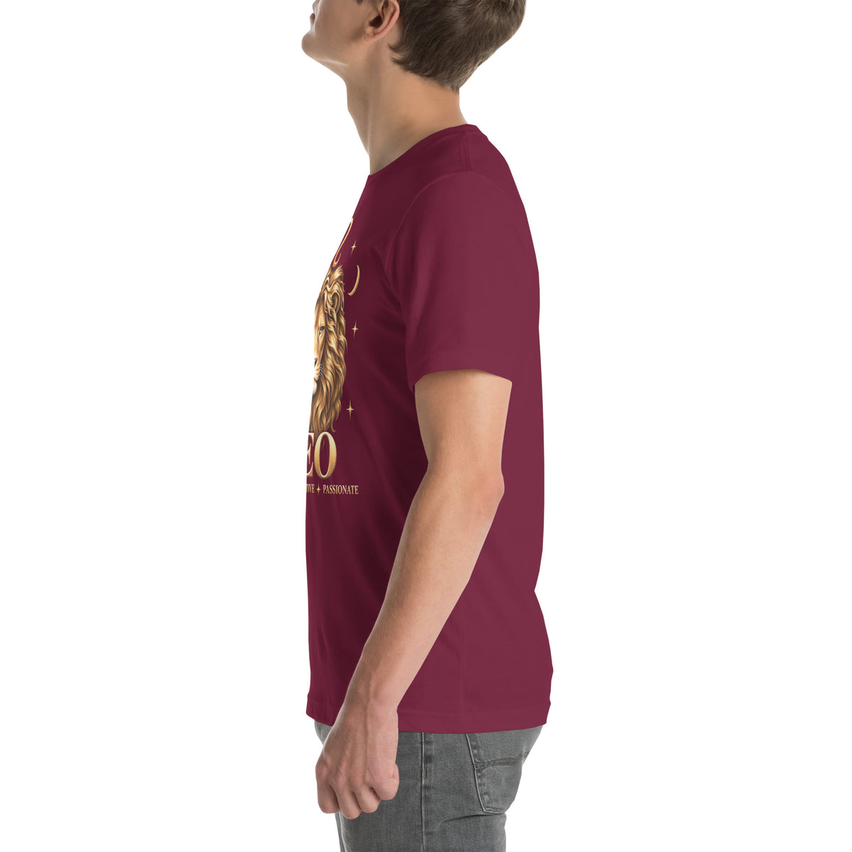 Leo zodiac t-shirt in maroon, left side view