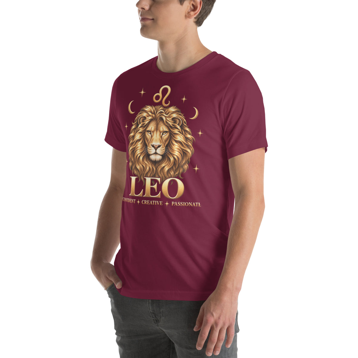 Leo zodiac t-shirt in maroon, front view angled left