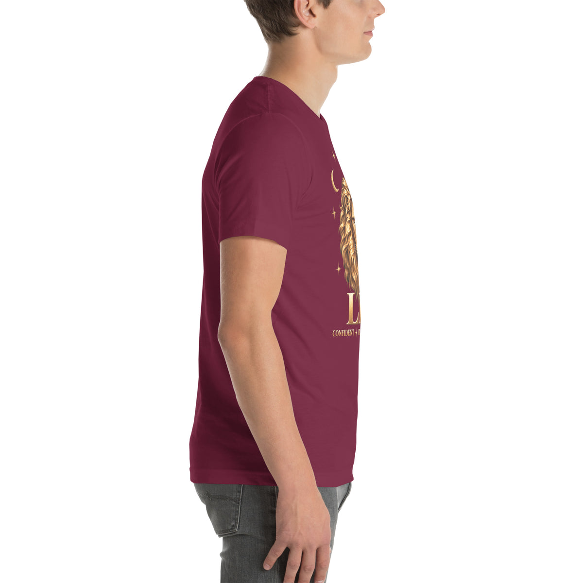 Leo zodiac t-shirt in maroon, right side view