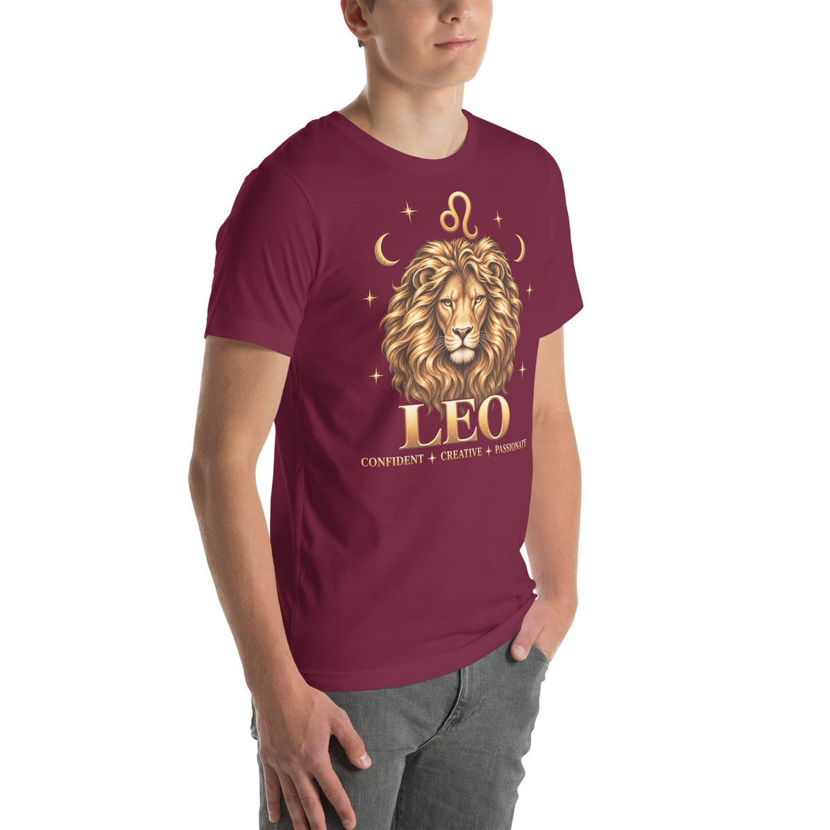 Leo zodiac t-shirt in maroon, front view angled right